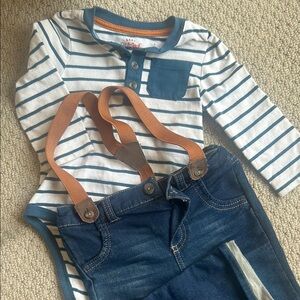 Striped Onesie with Denim Overalls 6-9m